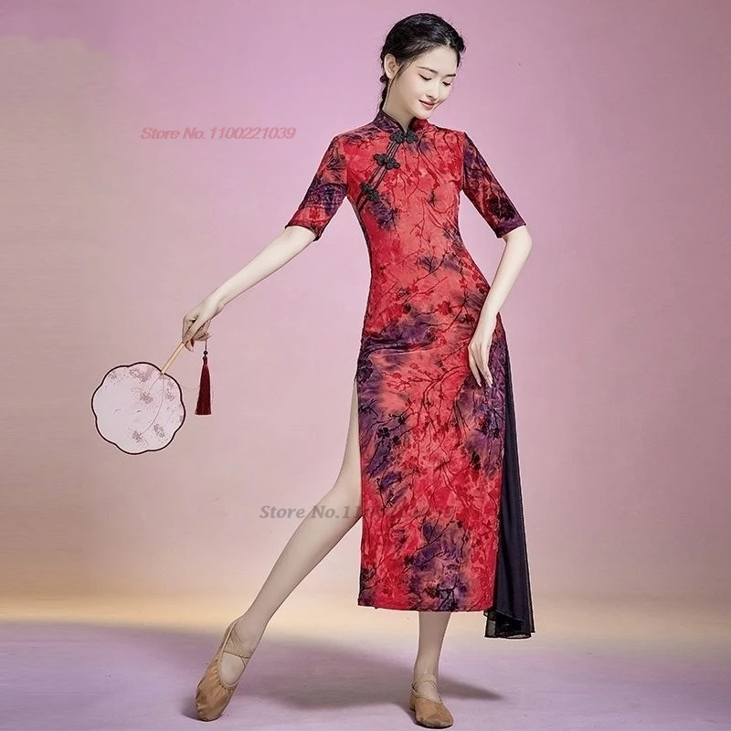 2024 chinese vintage folk dance dress traditional flower print mesh qipao oriental stage performance training exercise qipao