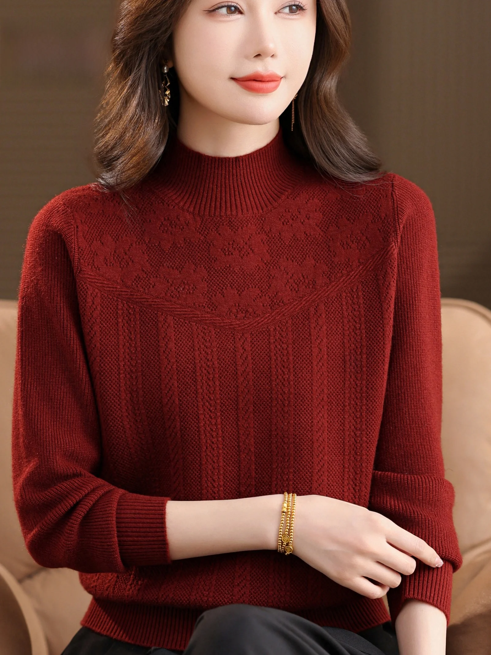 

Thiened f Вязаный свитер с высоким воротником, женский облегающий внутренний свитер, основа для среднего возраста и теплый свитер для мамы