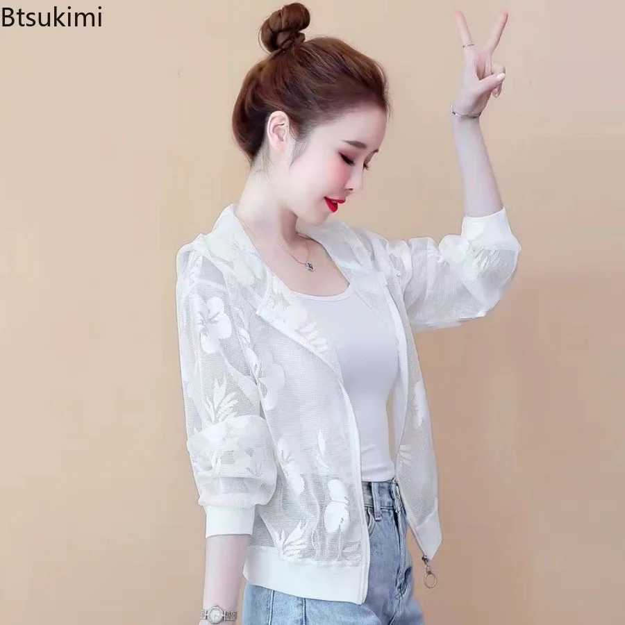 Women Hooded Sunscreen Jacket Floral Lace Mesh Breathable Lightweight Zipper Cardigan Outdoor UV Protection Daily Casual Outfit