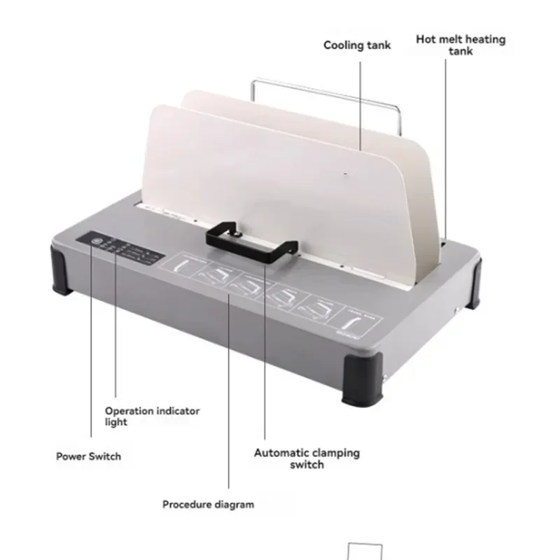 Binding machine for tender documents, contracts, A4 files, and folders; fully automatic compact hot-melt binding machine.