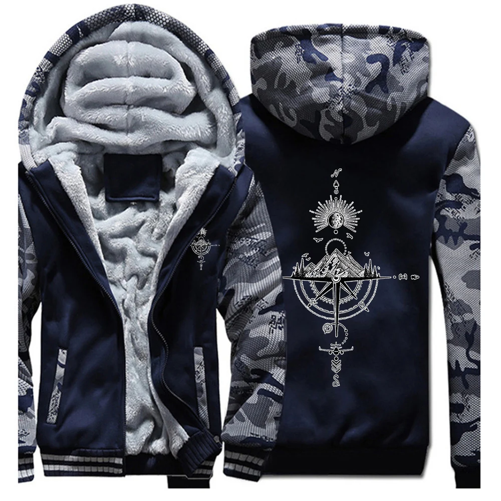 2025 Autumn And Winter Retro Compass Logo Print Men's Jacket New Fashion Casual Hooded Zipper Coat Streetwear Versatile Hoodies