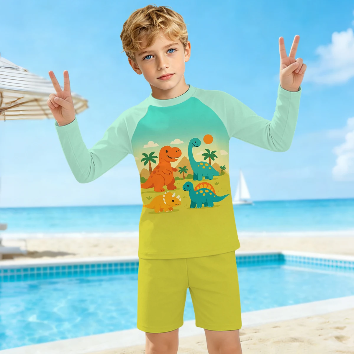 Boys' Summer Dinosaur Fashion Two piece Long sleeved Swimsuit