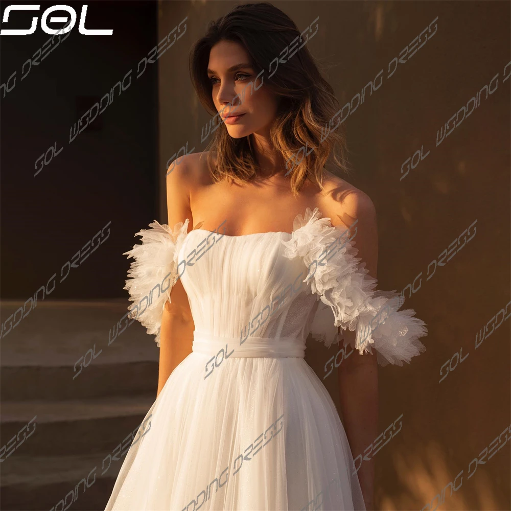 Vestidos de casamento feminino tule, vestidos de noiva sem costas, fora do ombro, simples, elegante, linha A, querida