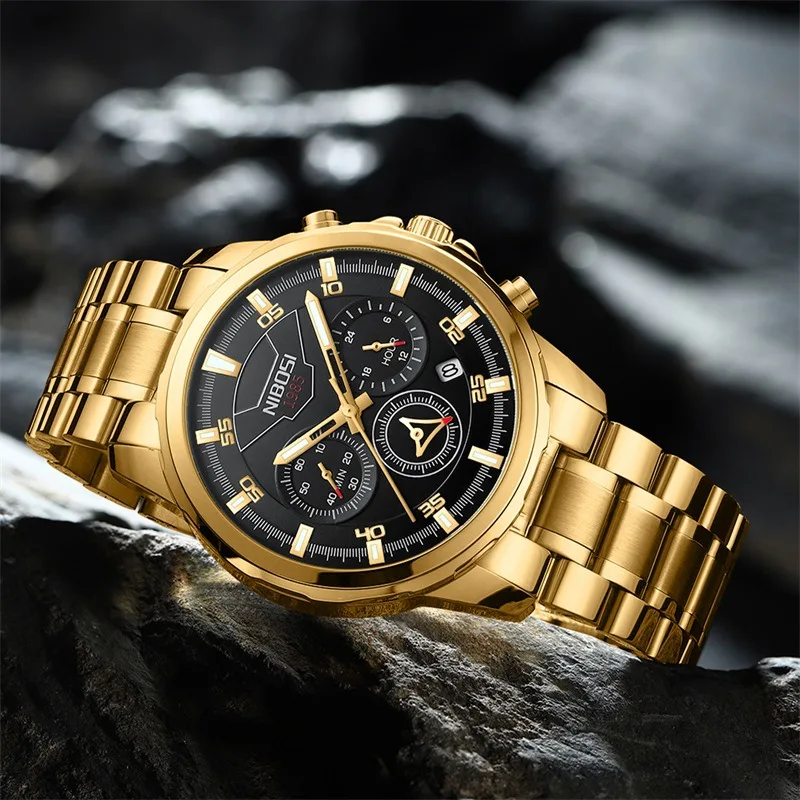 NIBOSI Fashion Mens Watches Top Brand Luxury Gold Stainless Steel Strap Sport Chronograph Quartz Watch for Men Relogio Masculino