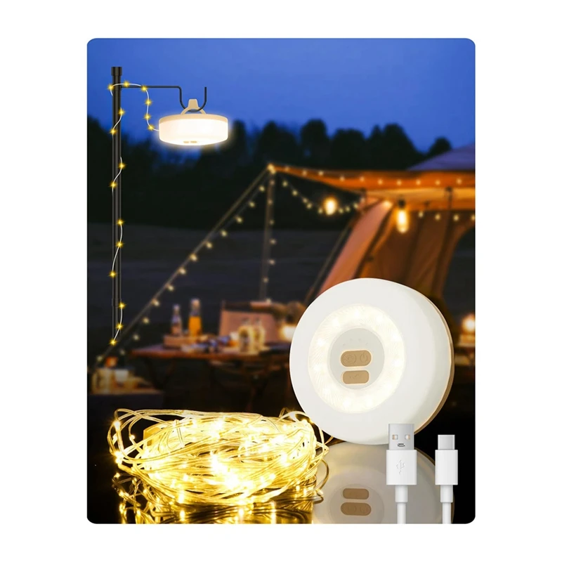 Guirxiété Lumineuse LED Portable 2 en 1 pour Camping en Plein Air, 5 Modes d'Éclairage, Lanterne pour Tente, Cour, Décoration (32,8 Pieds)