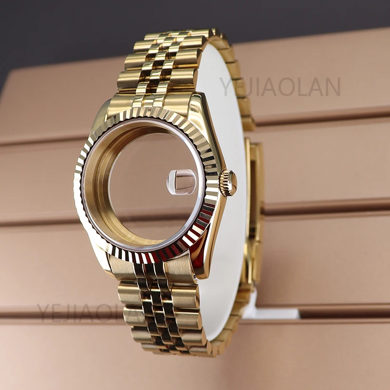 Caja de reloj curvada estriada dorada, 36mm, 39mm, zafiro para SK DJ NH35 NH36 NH38 NH34 Miyota 8215, movimiento, pulsera de Jubileo con esfera de 28,5mm