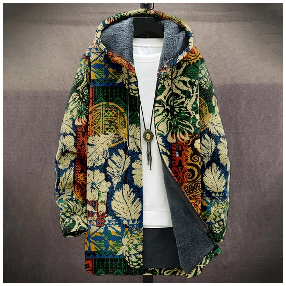 Men Cardigans Coats Ethnic Florals Pattern Art Graphics Printed Plush Thick Winter Casual Streetwear Unisex Clothing