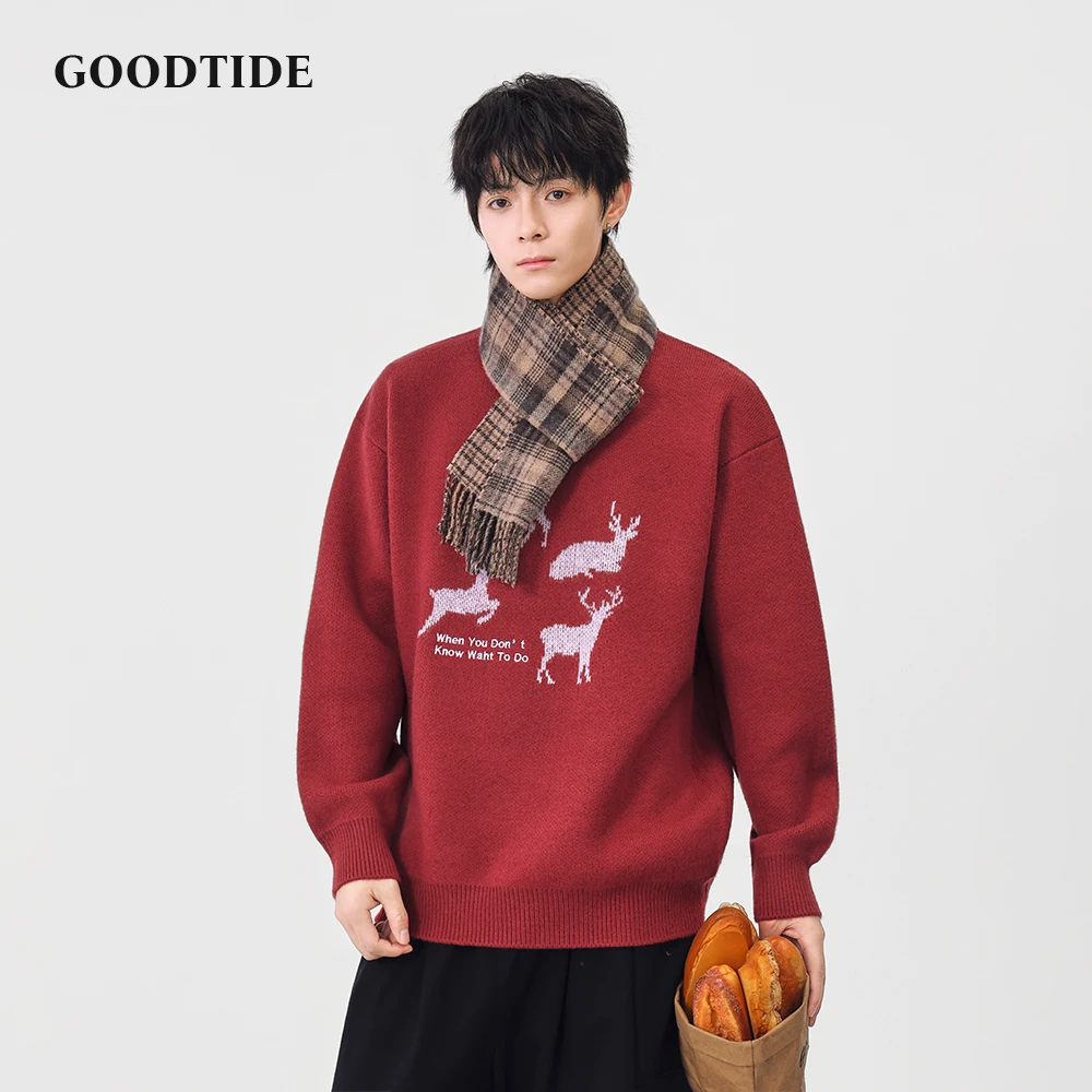 

Модный мужской повседневный свитер с круглым вырезом 2025, зимний вязаный пуловер с рисунком оленя и буквенным принтом, удобный мягкий топ с длинными рукавами