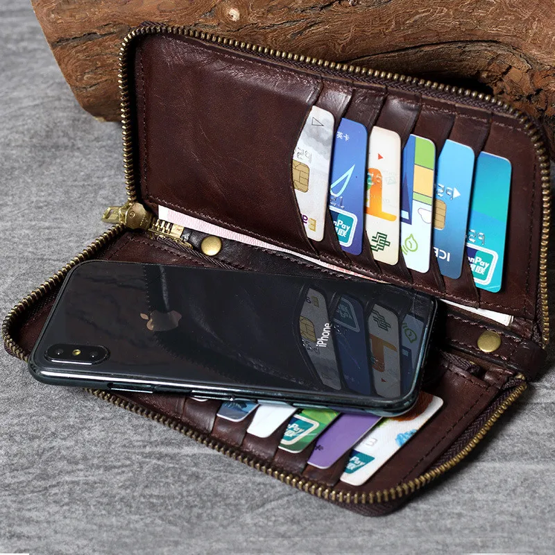 Vintage organizer genuine leather multifunctional men's long clutch wallet simple natural real cowhide ladies phone coin purse