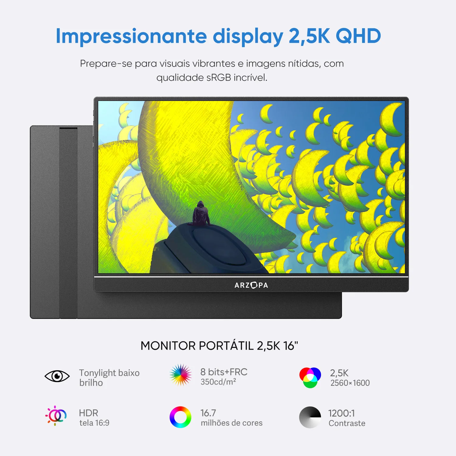 [produto no brasil] ARZOPA 16 polegadas 2K Monitor Portátil 16:10 Tela IPS com tipo-c mini hdmi Segundo Display para MAC/Laptop/PC/Xbox/PS4/5/Switch,Z