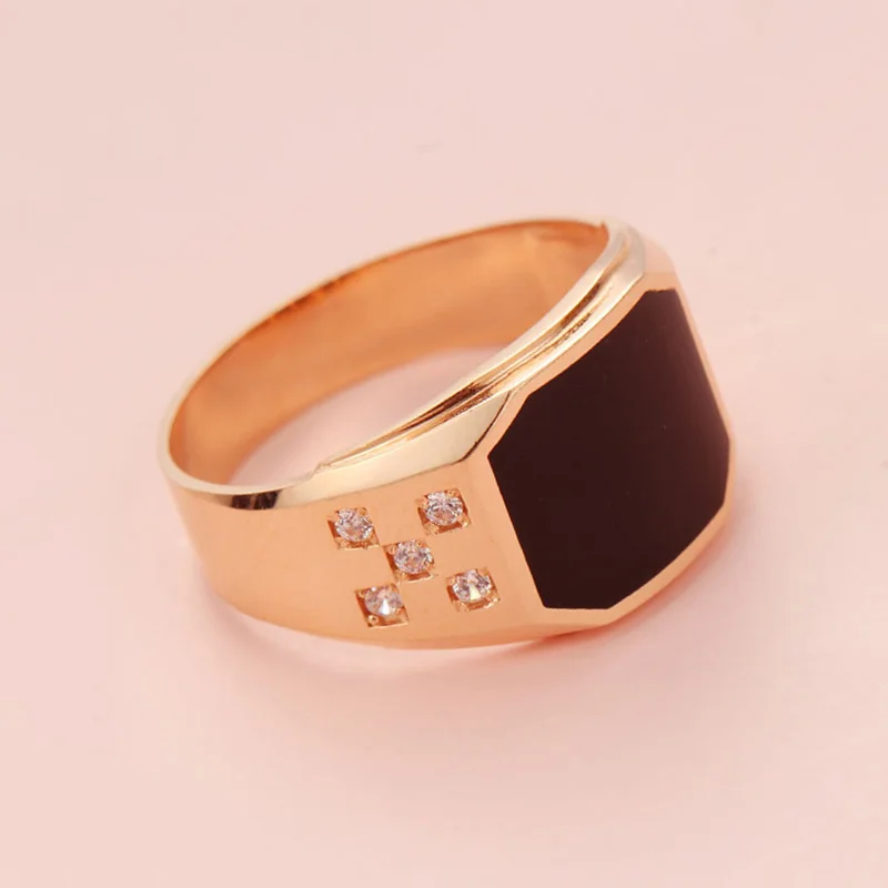 585 purple gold plated 14K rose gold square Black Onyx men rings crystal wide version business generous wedding jewelry