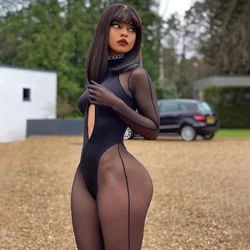 European American Style High Neck Hollow Mesh Splicing Tight Jumpsuit Long Sleeve Glove Performance Rompers Sexy Night Club Wear