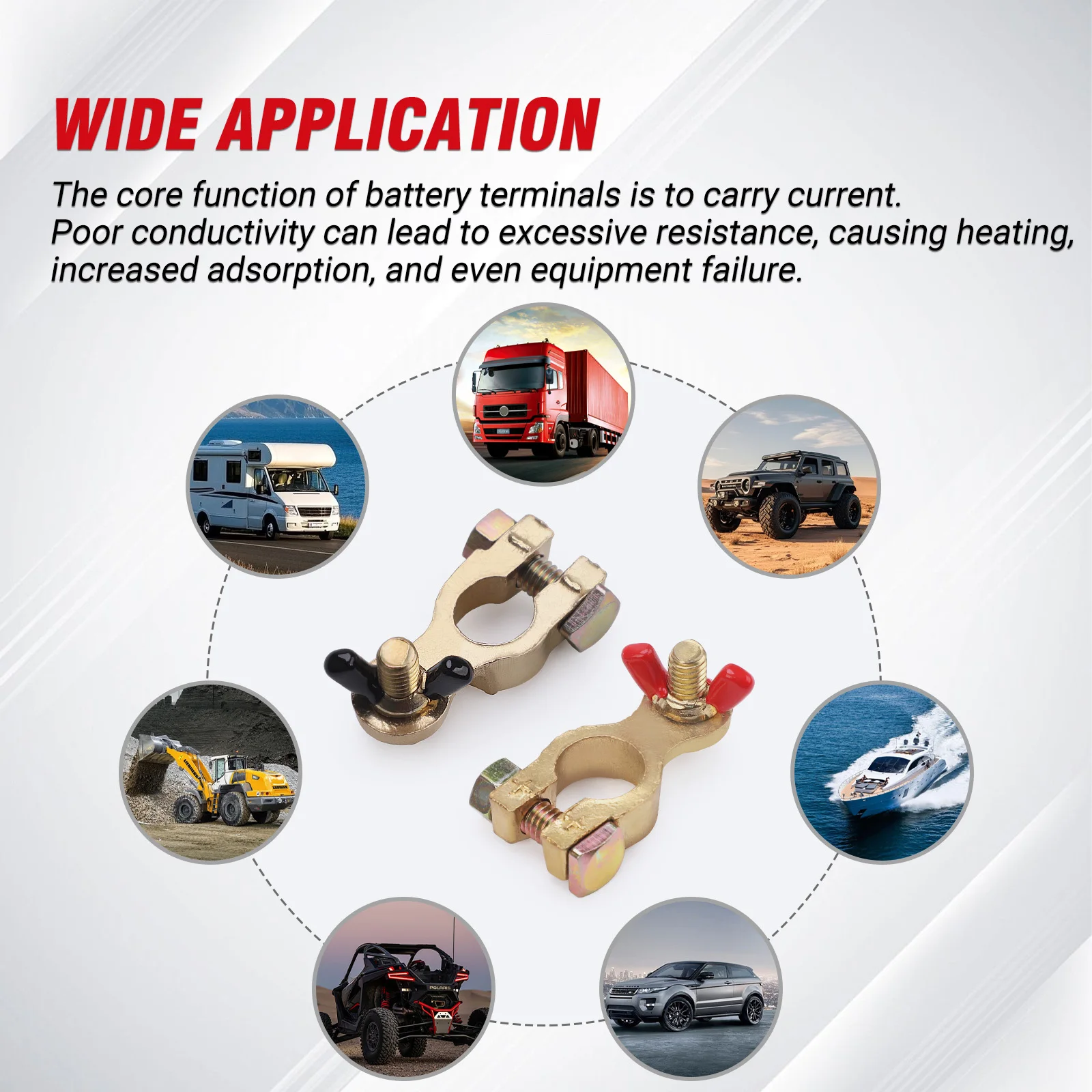 Terminales de poste de batería de latón adecuados para motocicletas, coches, camiones, barcos, caravanas, voltaje de 12V o 24V, fácil instalación