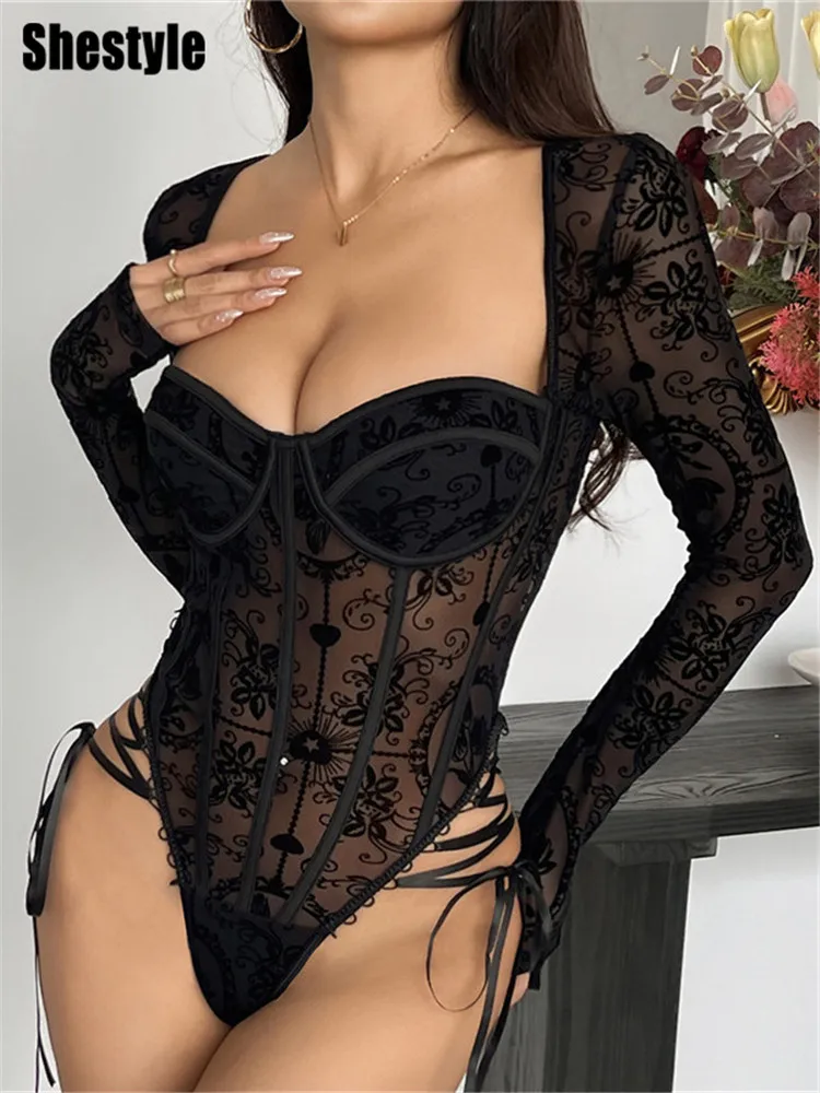 

Shestyle See-Through Mesh Bodysuit Women Square Neck Low Cut Chest Wrap Flower Print Patchwork Ribbon Tie Up Bandage Thong