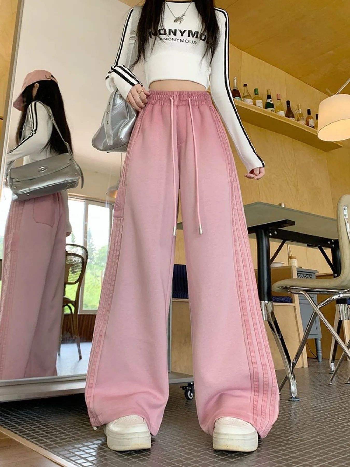 المرأة حجم كبير مخطط السراويل الطويلة الربيع/الخريف فضفاض الشارع الشهير واسعة الساق بنطلون موضة عادية Y2K مستقيم الساق السراويل #4