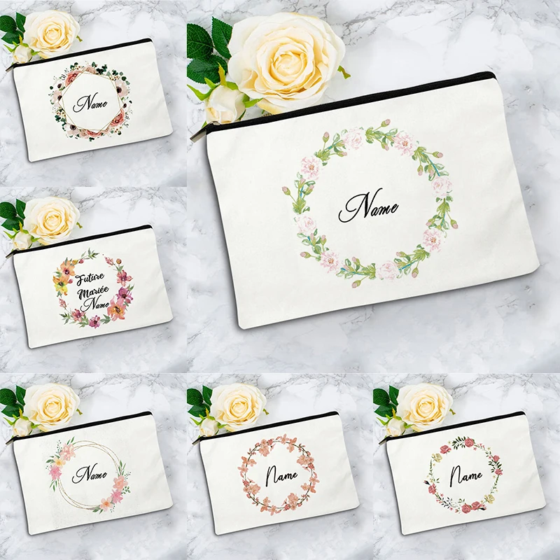 Lady Floral WreathZipper Pouch BagTravelEssentials CanvasOrganizerPouch,Cosmetic Bag forTeacher Gift withPersonalized NameLady F