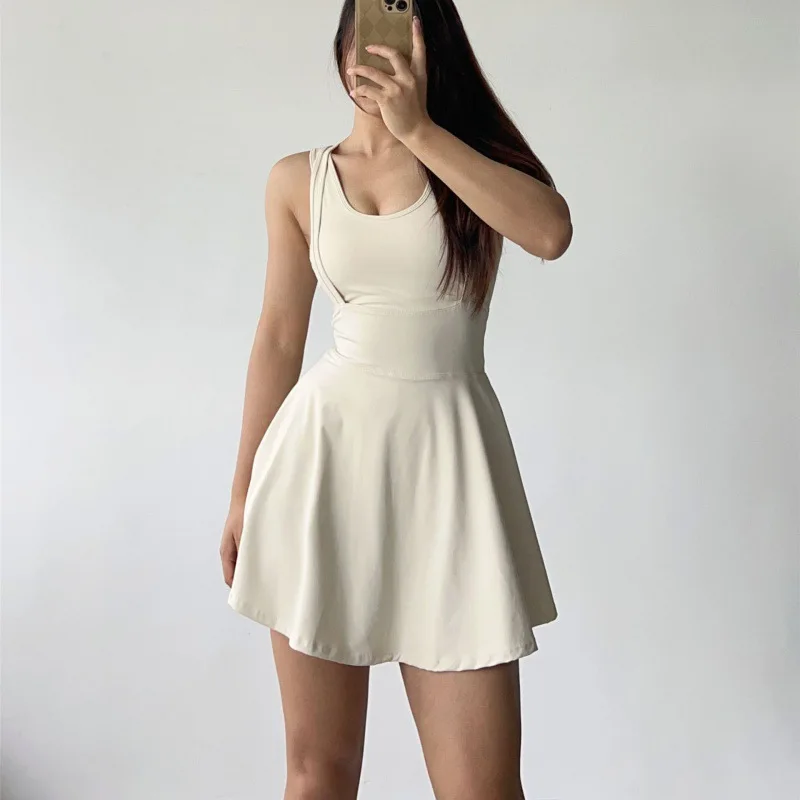 Women's Sexy Jumpsuit Sports Tennis Casual Skirt with Chest Pad In Summer  Dress with Shorts Underneath  Tennis Dress