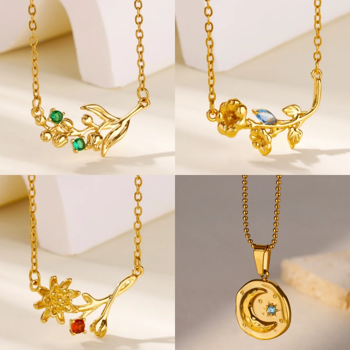 Süße 12-Monats-Blumen-Anhänger-Halsketten, goldfarben, Edelstahl, Blume, Zirkonia, Party-Schmuck, Halskette, Geschenk, kostenloser Versand