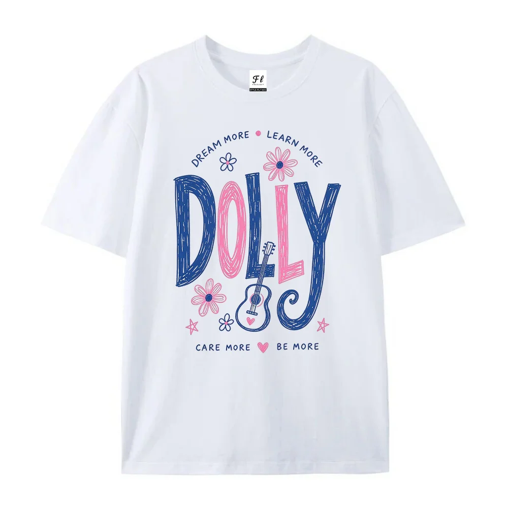Dolly Dream Graphic T Shirt Unisex Hand Drawn Guitar Flower Print Oversized Short Sleeve Tee Country Music Casual Tops