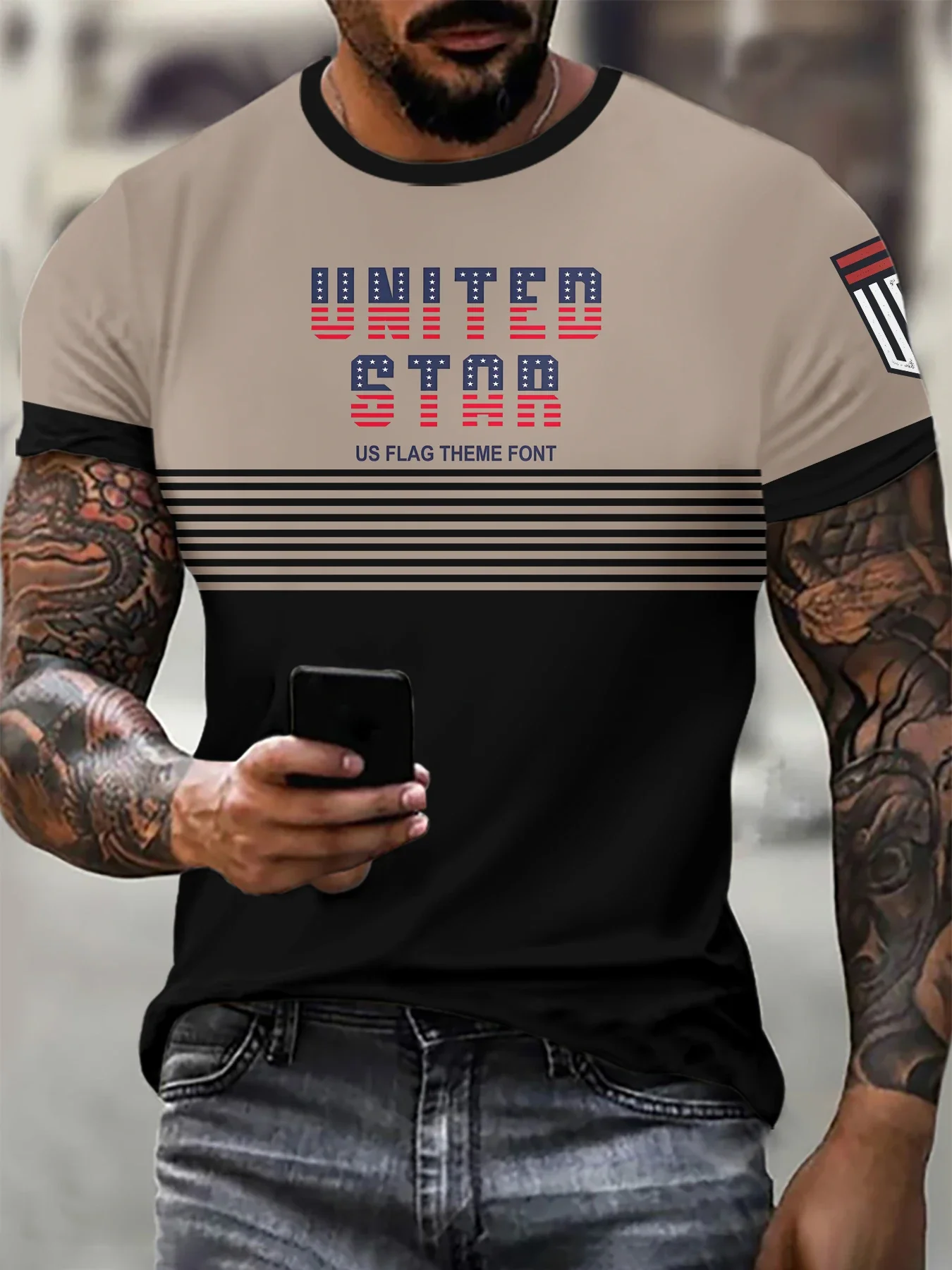 3D full body digital printing dual color patchwork stripe Unitedstar letter pattern men's round neck pullover oversized T-shirt