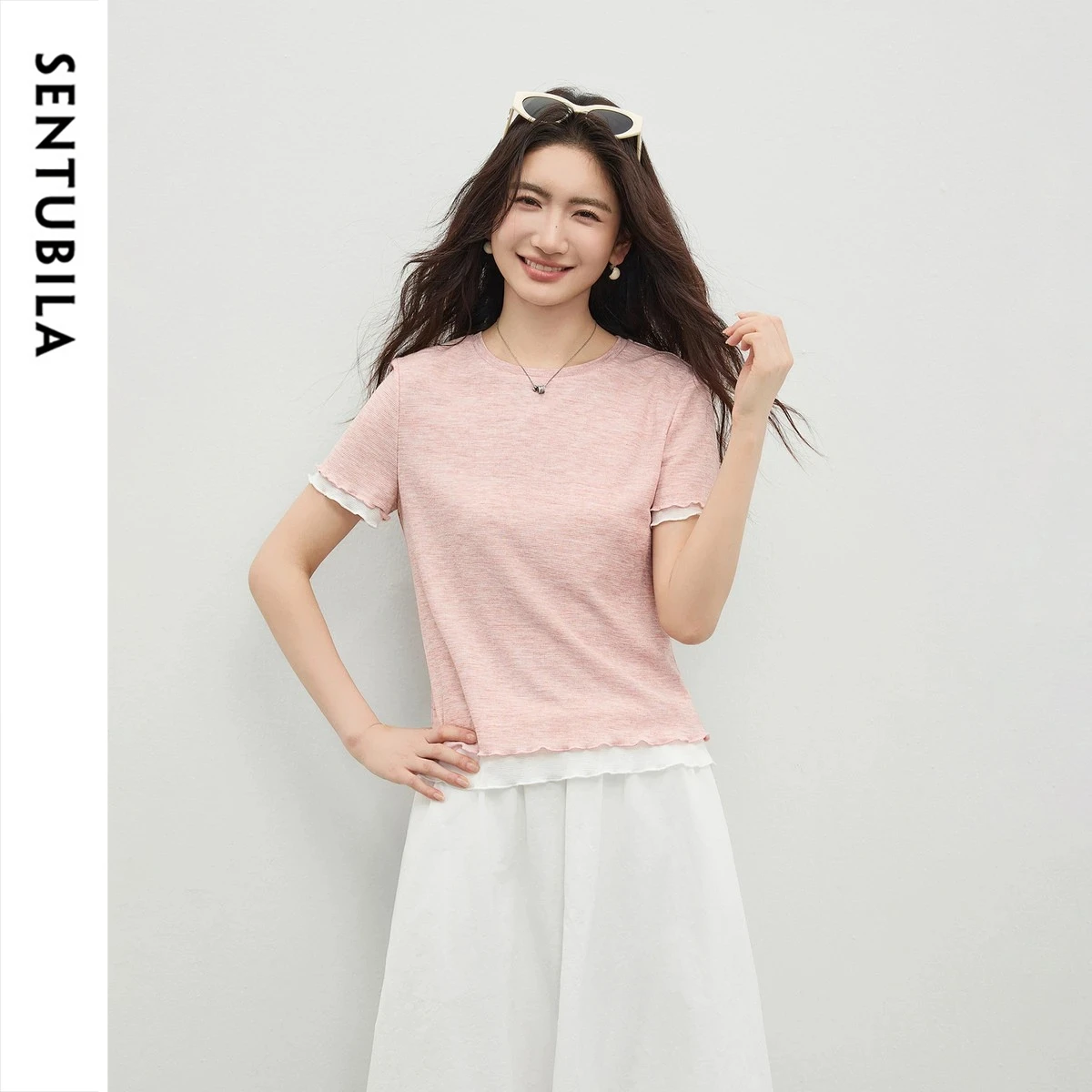 SENTUBILA Women's Faux Two Piece T-Shirt 2026 Summer Color Block Crew Neck Scalloped Edge Design Ombre Ribbed Knit Top 162TD4880