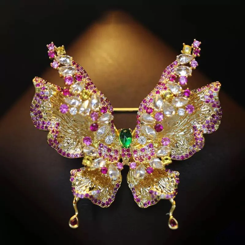 OKILY Luxury Red Corundum Butterfly Brooch Pins Exquisite Enamel Pins Broche for Women Accessories Colored Zircon Corsage Decor