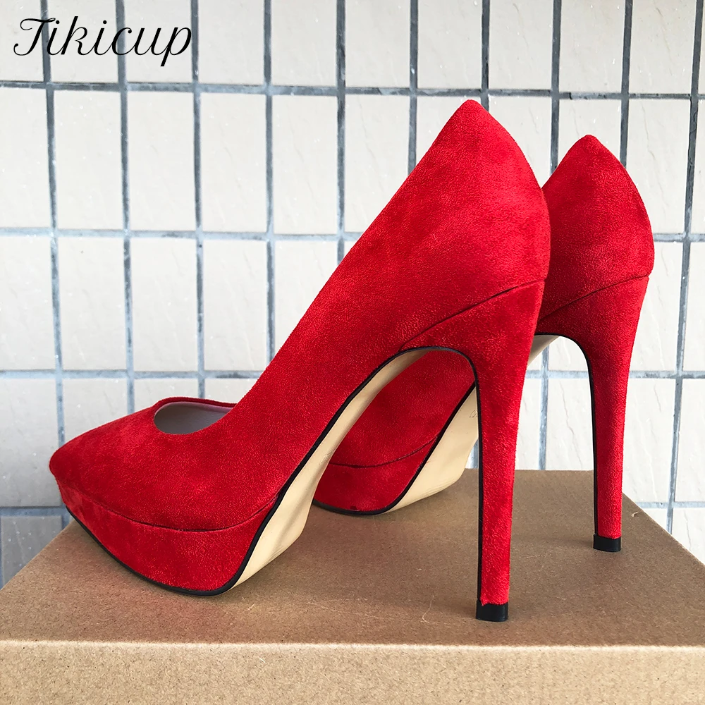 

Tikicup Women Red Flock Pointy Toe Platform High Heels Elegant Ladies Stiletto Pumps Synthetic Suede Party Wedding Dress Shoes