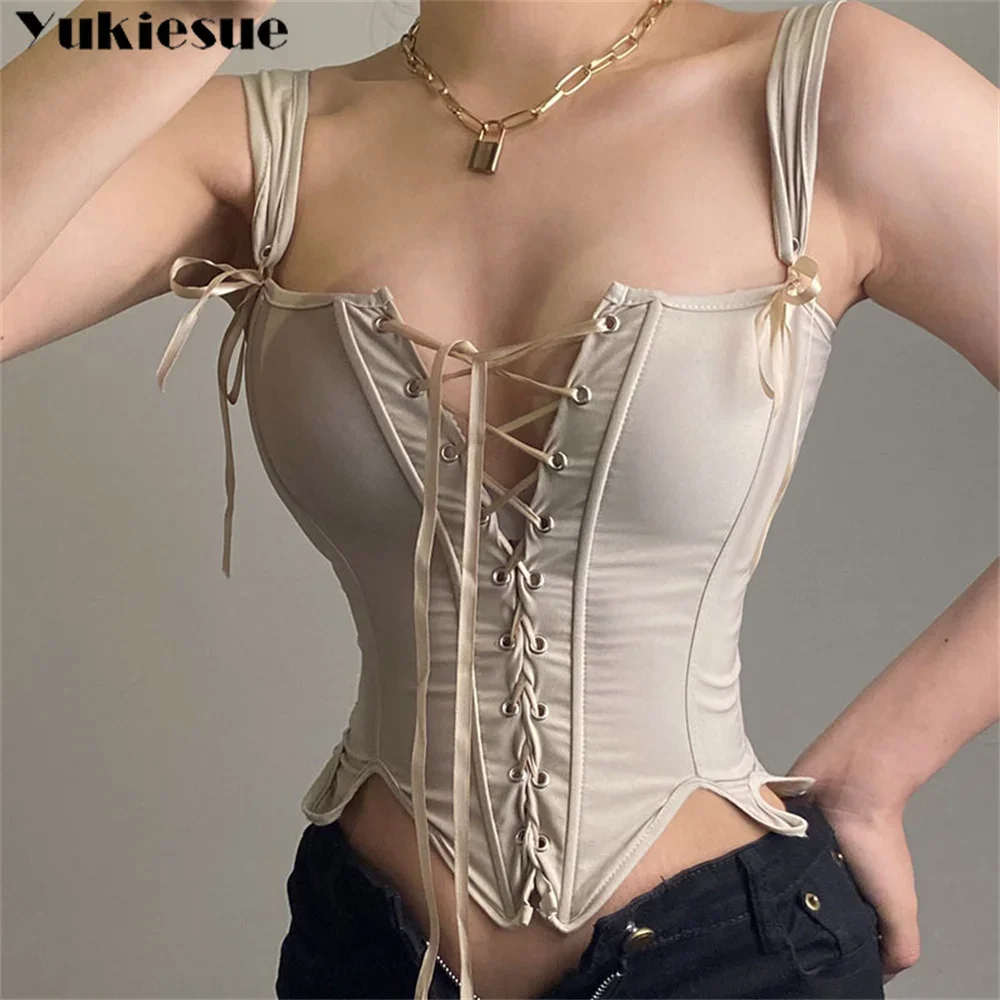 Summer Vintage Corset Bustier Y2K Crop Top Women Cut Out Sexy Lace Up Bandage Sleeveless Tank Tops Fairy Princess Vest Cosplay