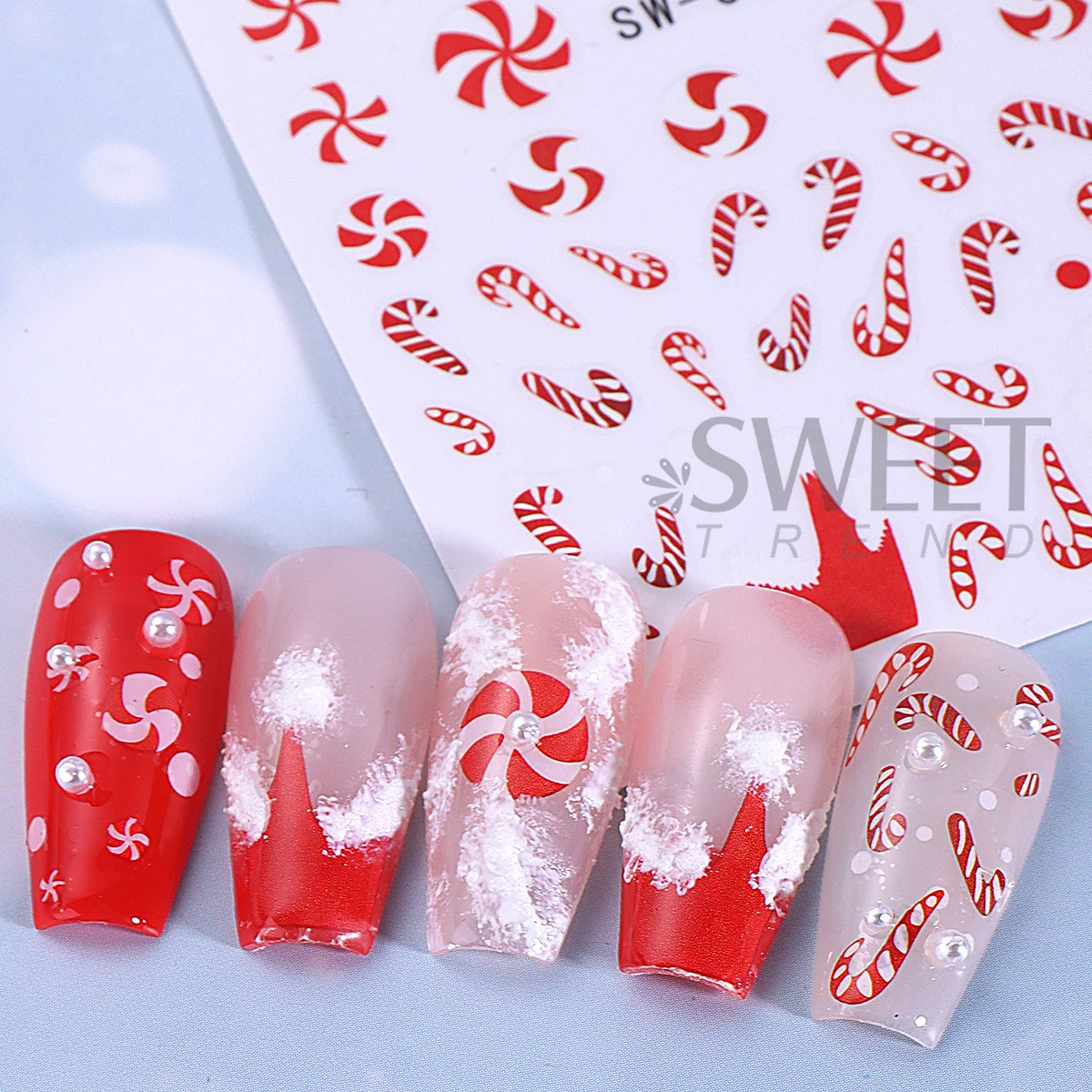 3 pçs feliz natal prego manicure decalques grande flor vermelha dos desenhos animados boneco de neve azevinho arco presente doces bastões design adesivos decoração de inverno