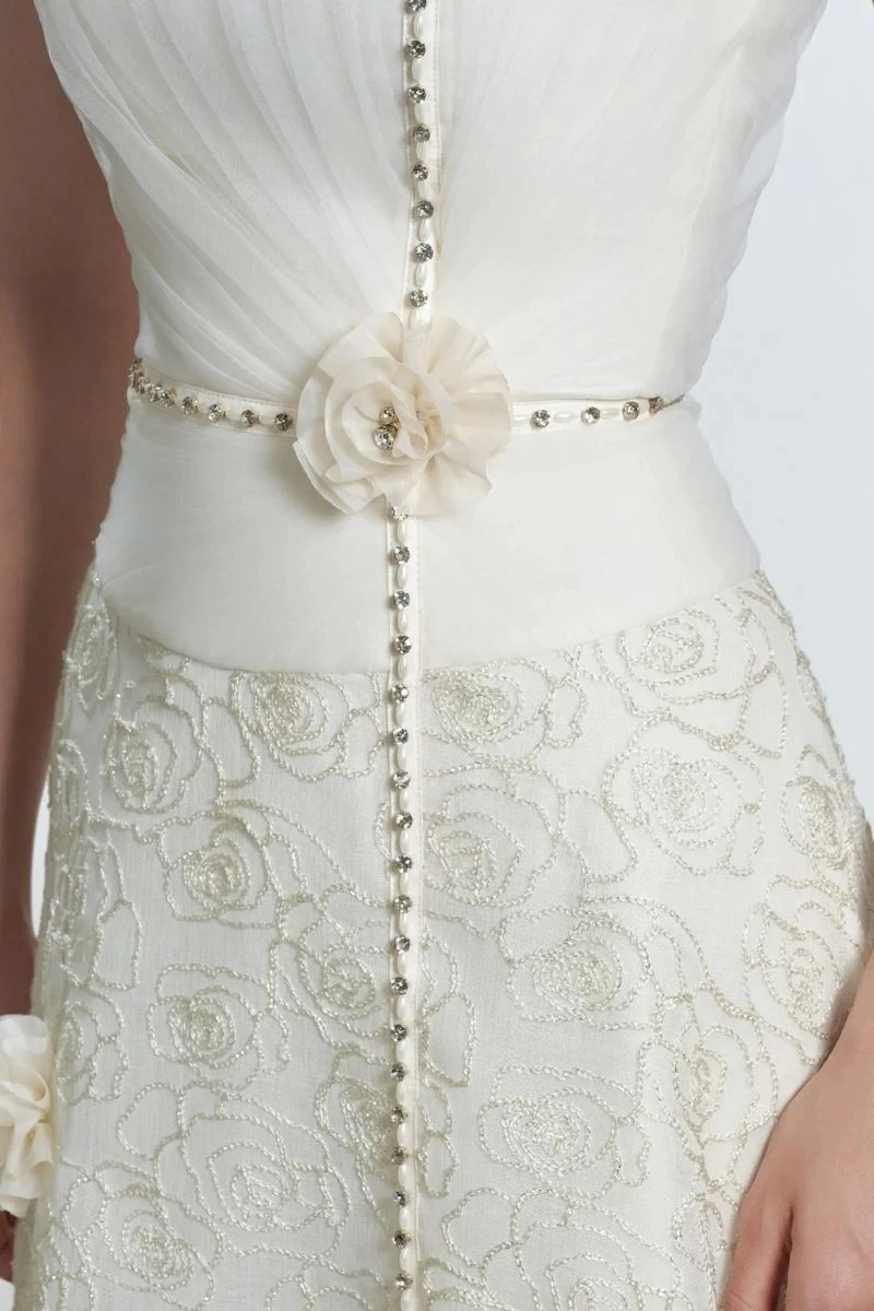 SWEMILE Abiti da sera senza spalline Applicazioni di fiori di diamanti Cerniera posteriore Abito da sposa Pizzo floreale A-Line Abiti lunghi formali