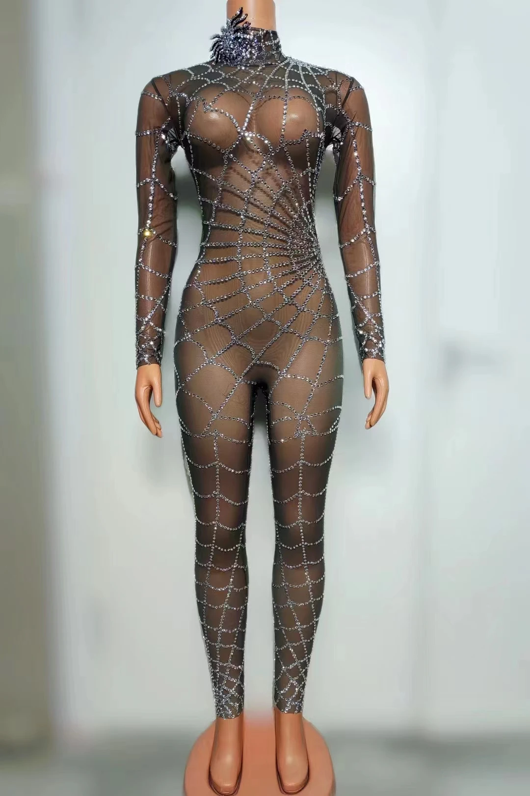 

Spider Web Luxury Full Diamond Elastic Sleevesight jumpsuit Fashion Party Stage PerformanceClothing A505