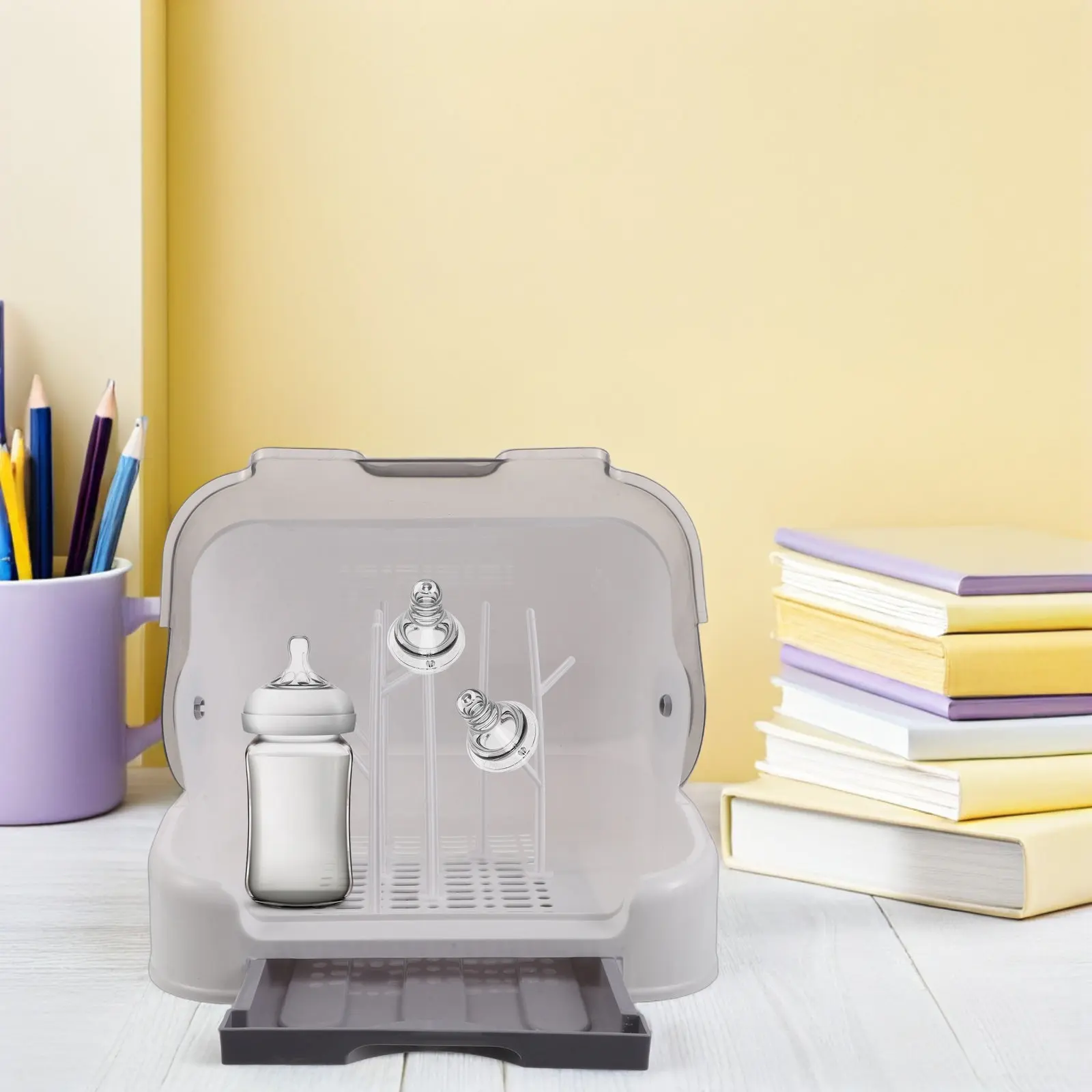 Compact Baby Bottle Drying Rack with Lid Holder and Cutlery Compartments for Neat Storage Nursery Feeding Essentials