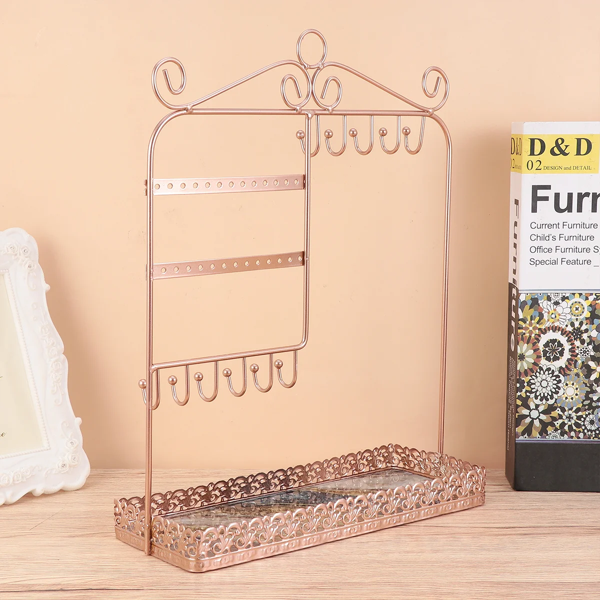 1Pcs Jewelry Display Stand Rose Gold Metal Earrings Holder Necklace Hook Organizer European Style Vertical Tray for Bedroom