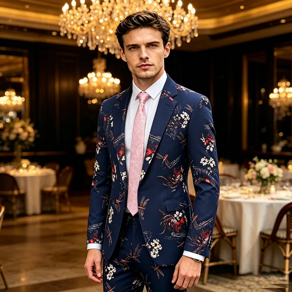 Velvet Man Suit New Stylish Luxury Men Wedding Suit Groom Tuxedos  Printed Dragonfly Rooster Pattern Tuxedo Stage  Dinner Suit