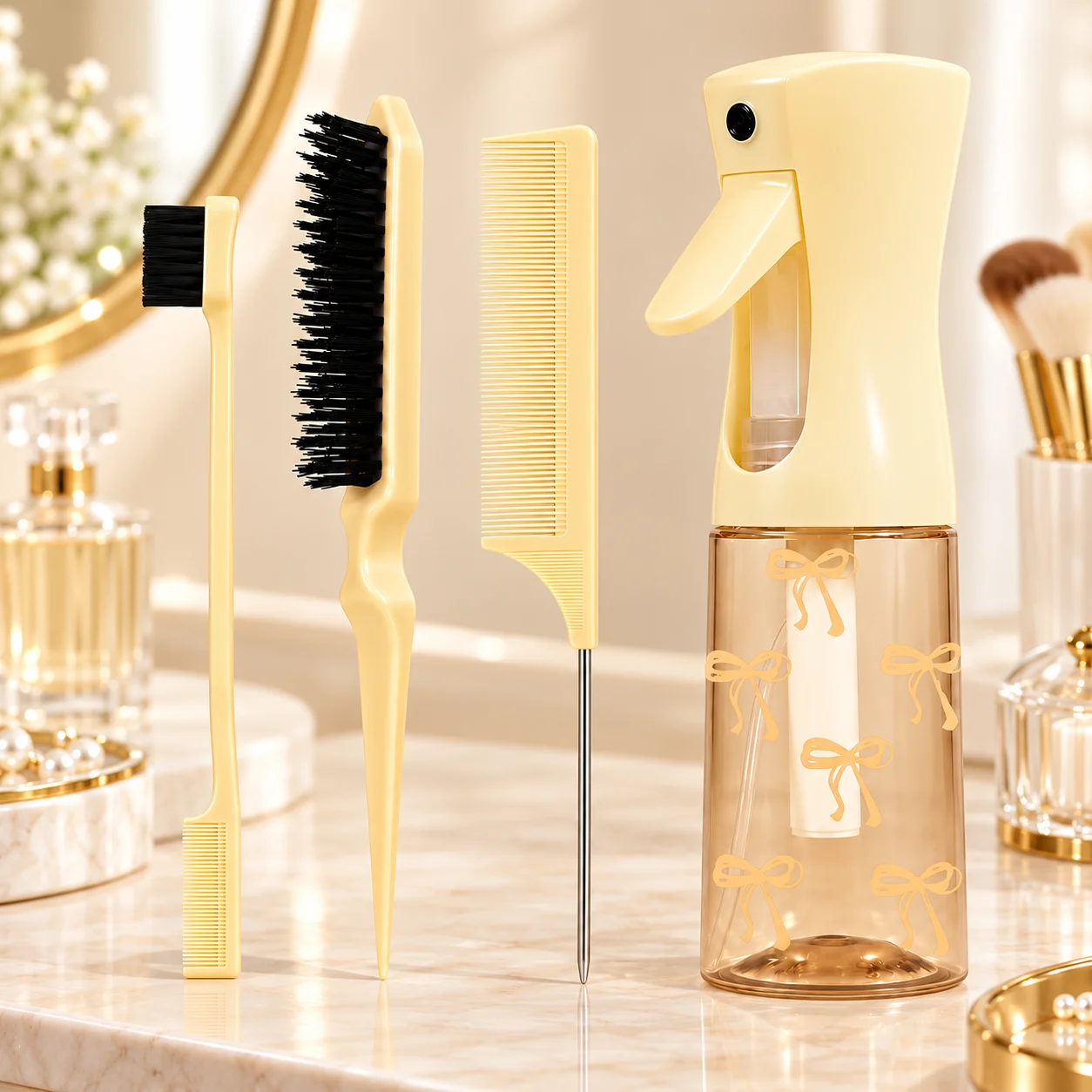 Hair Styling Tools Portable Hair Brush Set With Spray Bottle Edge Brush Rat Tail Comb For Daily Salon Home Travel Hair Care Kit
