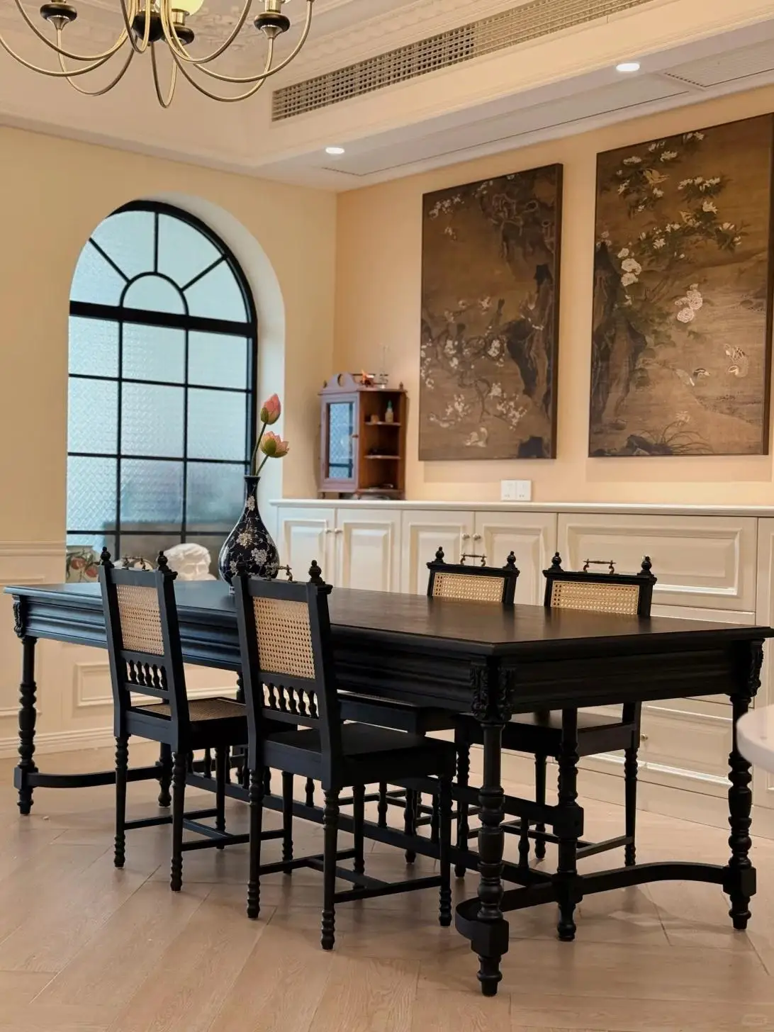 ^French Vintage Bamboo Dining Table Black Carved Rectangular Antique Chair Knight Customization