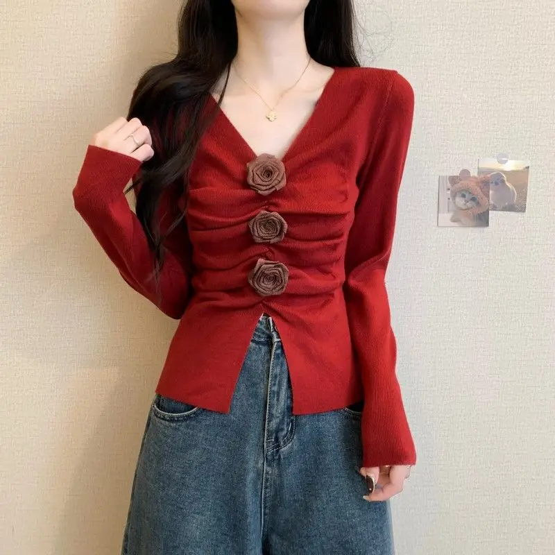 Sweet Slim Short Slit Hem Pullovers Top Spring Autumn New Long Sleeve Solid Pleated Y2K Sweaters Fashion Sexy Women Clothing