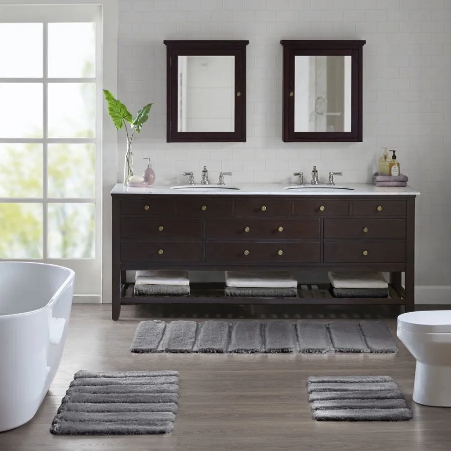 

Shag Bath Rug Non Slip Bath Mat for Bathroom 17"x24" Grey Machine Wash