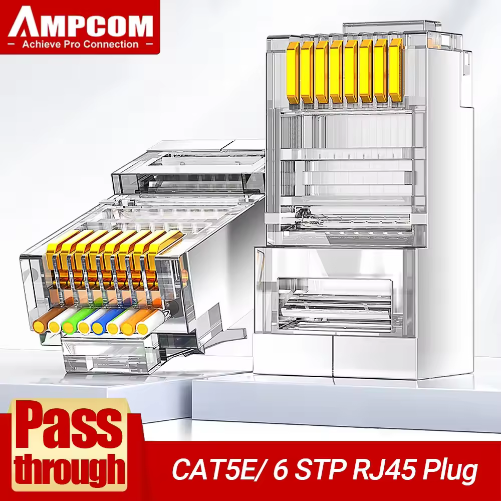 AMPCOM עובר דרך מחברי STP RJ45, CAT6 CAT5E מוגן 3/50μ מצופה זהב 8P8C מתאמים מודולריים קצה קרימפ לכבל אתרנט