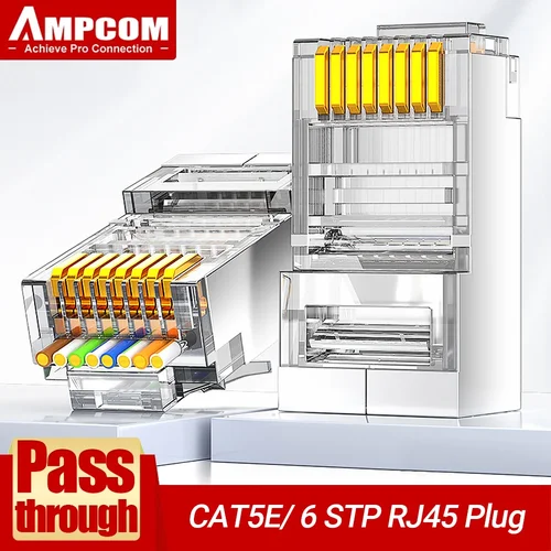 Conectores AMPCOM Pass Through STP RJ45, CAT6 CAT5E blindados 3/50μ Enchufes modulares 8P8C chapados en oro Extremo de engarzado para cable Ethernet