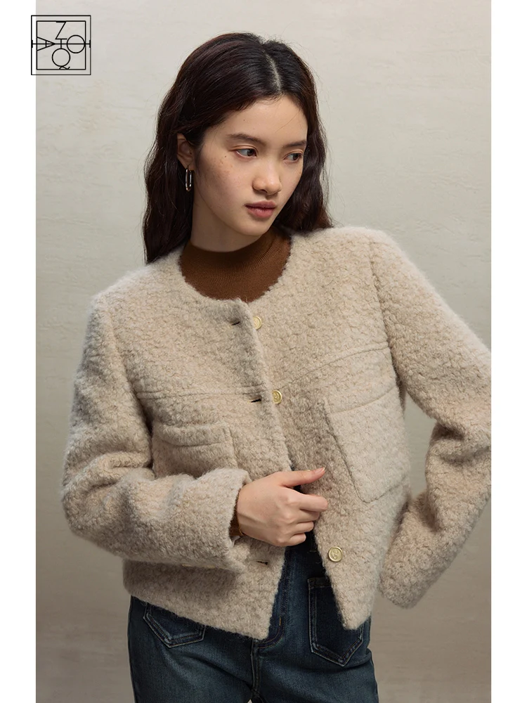 

ZIQIAO Retro Merald Wind Fragrant Breeze Short Jacket for Women 2023 Winter Chic Design Loose Blend Lamb Wool Top Coat Female