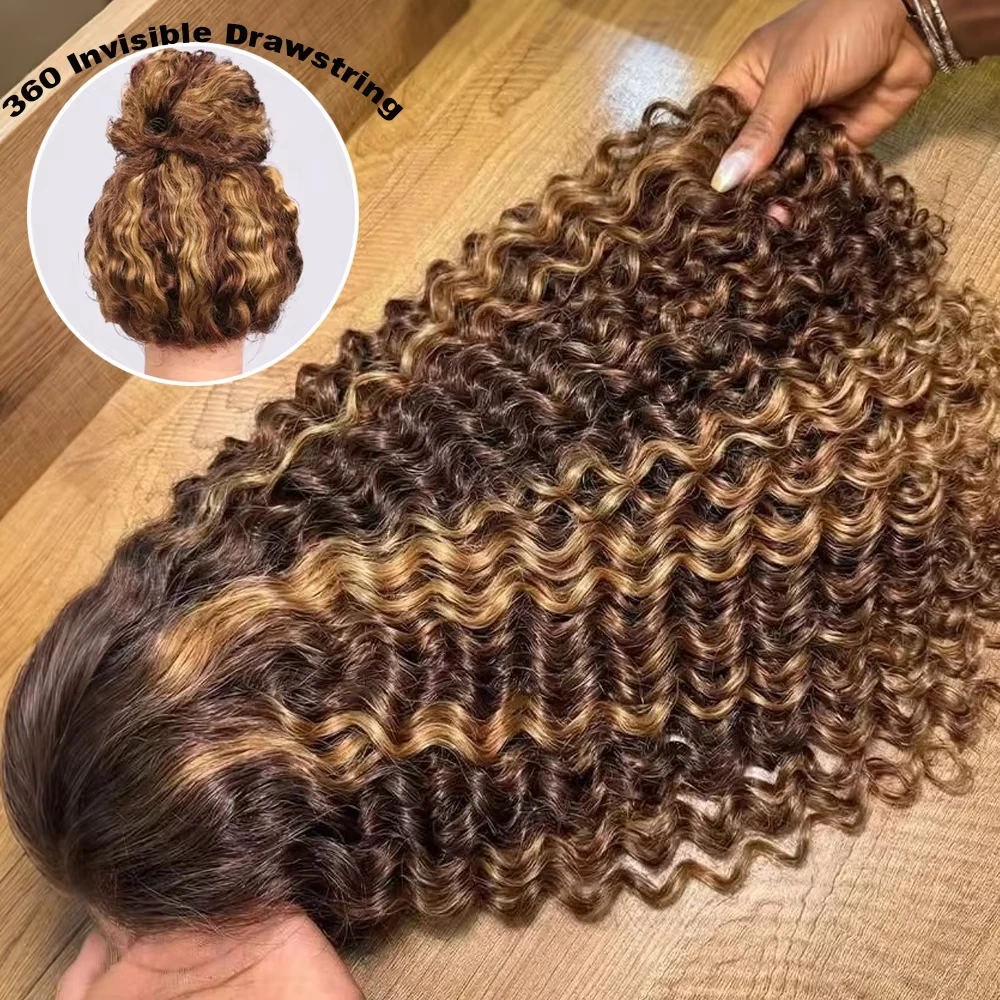 200 Density P427 Honey Blonde 360 Full Lace Wig Highlight Curly Human Hair Pre-Plucked Deep Wave 360 Lace Wig Invisible Drawstring Strap Lace Frontal Wig 34 Inch