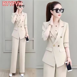 Korean Thin Unlined Blazer Jacket And Wide Leg Pant Suit Spring Office Lady Elegant 2 Piece Set Women Outfits Ensemble Femme