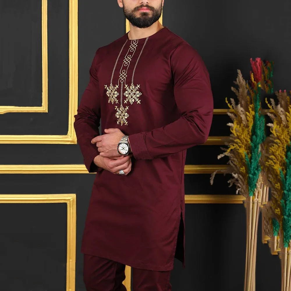 Kaftan Luxury Men Suit Embroied Top Trousers 2 Piece Set Dashiki African Traditional Ethnic Style Clothes For Man Wedding Dress