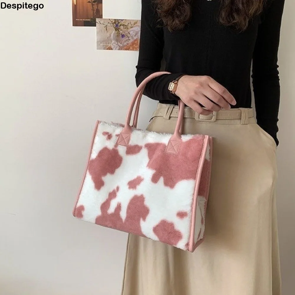 New Cow Print Plush Tote Bag Versatile Unique Soft Shopper Tote Durable Large Capacity Handbag Office
