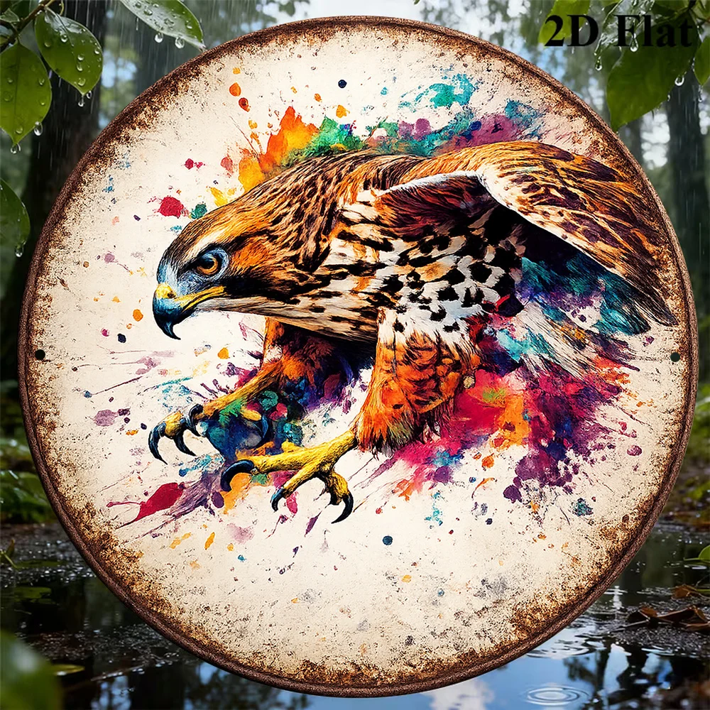 2D Flat - 1pc 8 X 8 Inches/20 X 20 Cm 2D Flat Circular Aluminum Sign, Vintage Eagle Decor Plaque, Raptor Art Decorative Plate, S