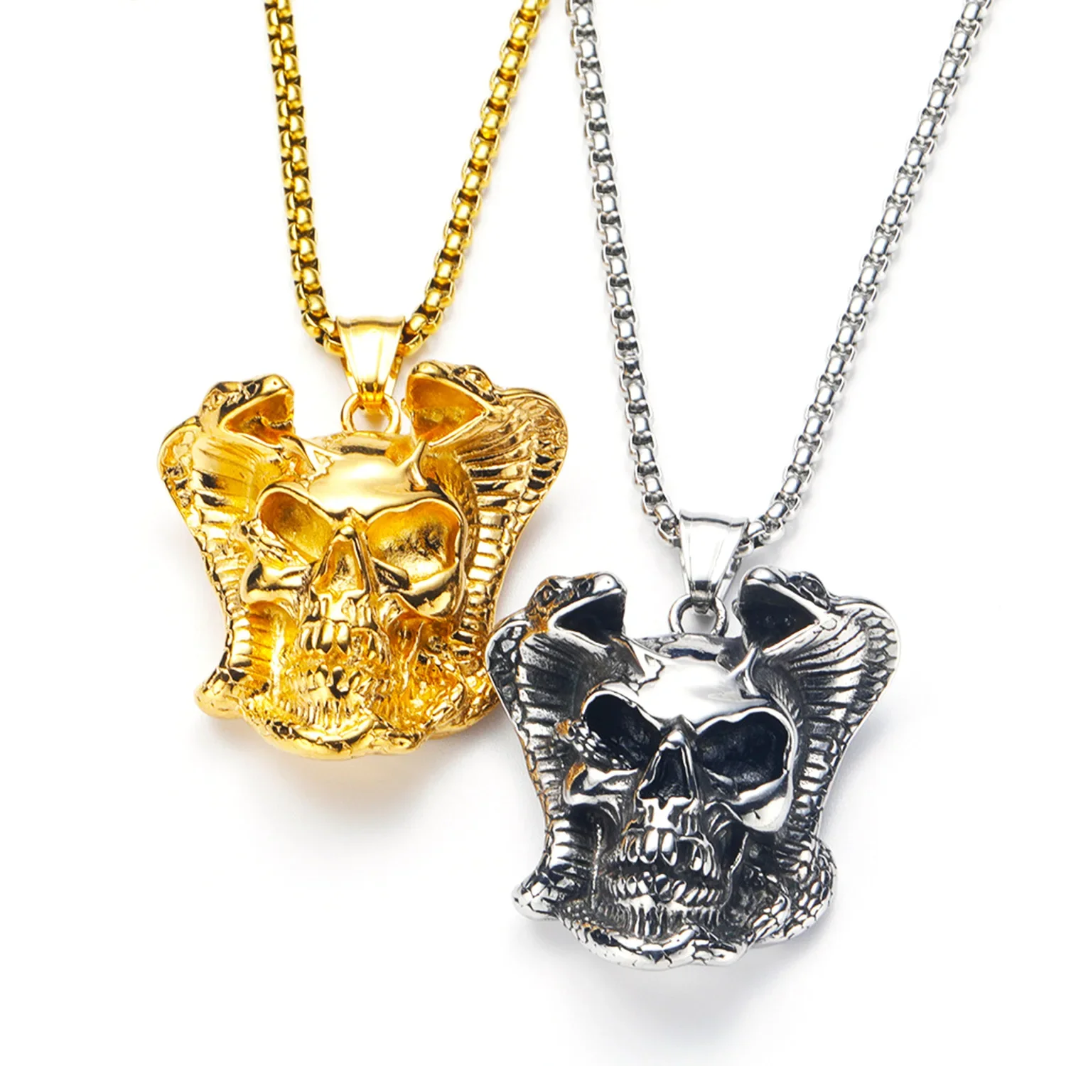 

Vintage Punk Hip-hop Domineering Personality Python Wrapped Skull Head Stainless Steel Men's Pendant Necklace
