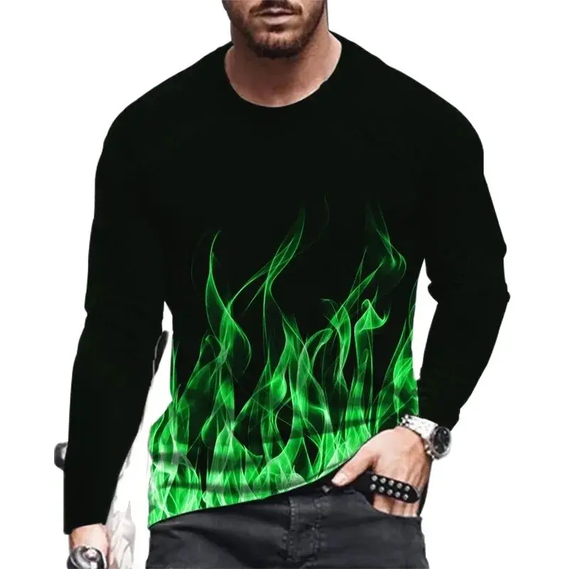 New European Pretty Flame Picture  Men long sleeved T-shirt Casual Printed Tees Hip-hop Personality Round Neck Quick-Dry Tops