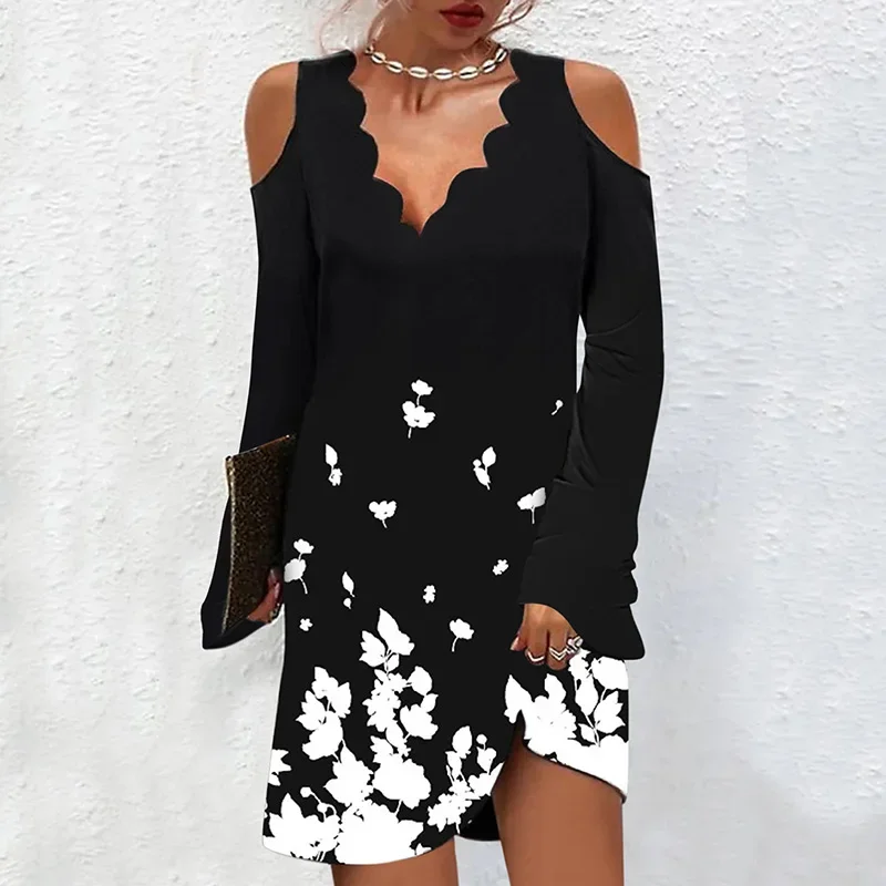 Women Sexy Off Shoulder Halter Neck Mini Dress Autumn Long Sleeve Casual Loose Solid Color Dresses Elegant Office Lady Clothing