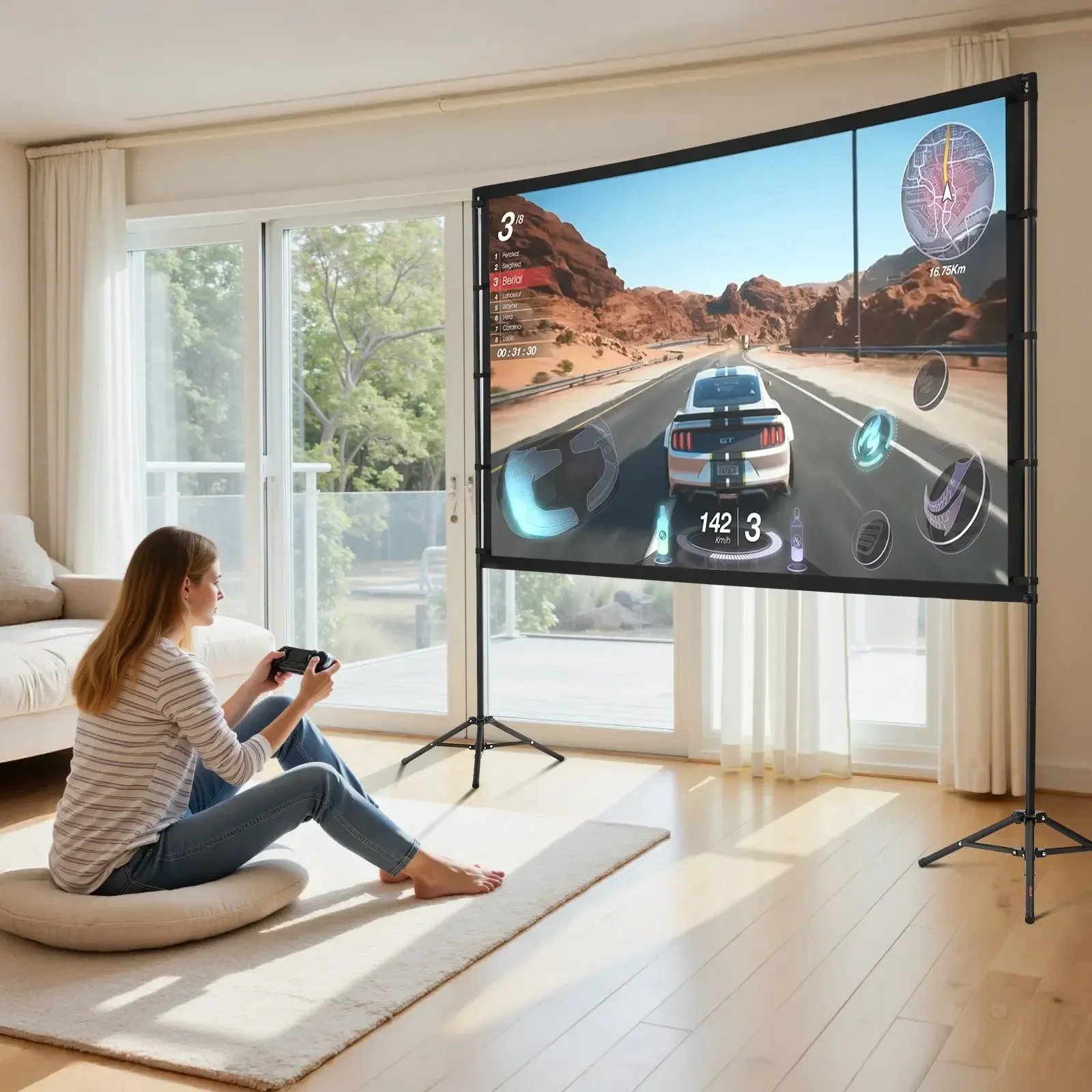 Tripod Projector Screen With 2 Stands 100 Inch 160° Wide Angle 4K HD 16:9 view 6